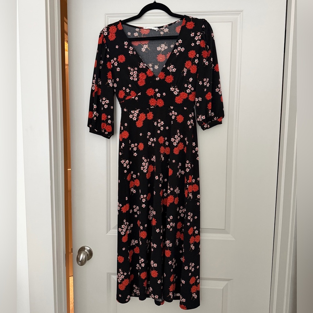 All in Favor Black and Red Floral Long Sleeve Dress